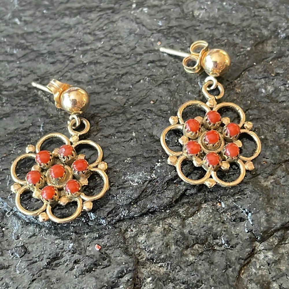 Vintage Zuni Native American Handcrafted 14K Red Coral Earrings - Picture 12 of 15
